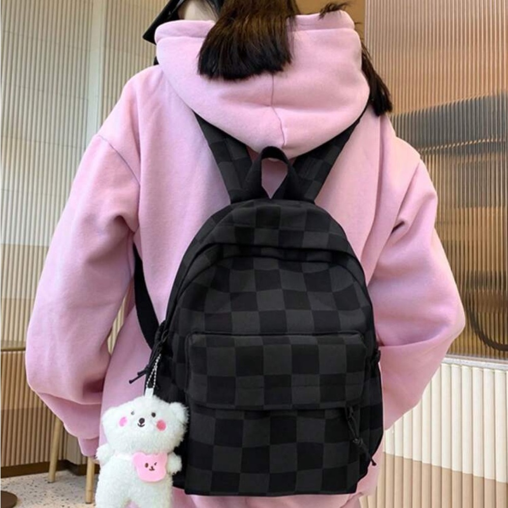 Waterproof,Lightweight Checkered Pattern Functional Backpack With Bag Charm